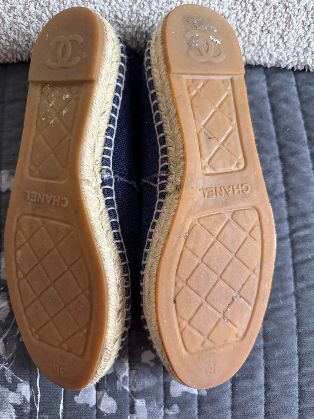 CHANEL Navy Canvas Espadrilles with Black Cap Toe and Stitched CC